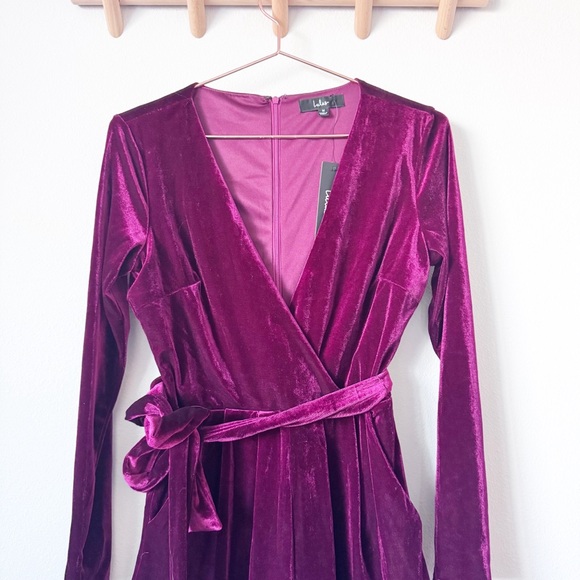 Lulu's Velvet Long Sleeve Romper in DeepMaroon Red - Picture 4 of 12